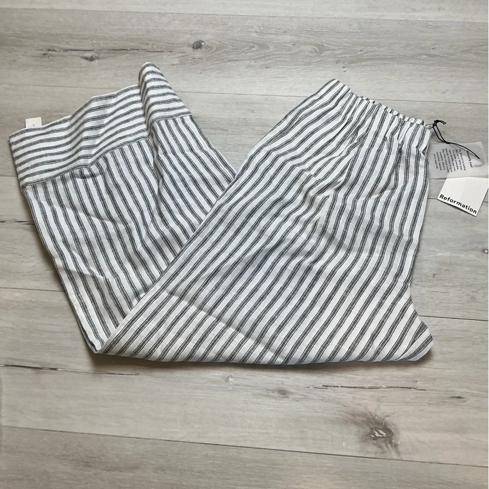 Reformation Linen Striped Pants White Navy MP New With Tags‎